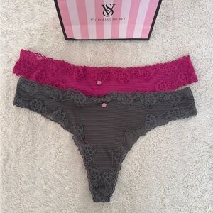 NWT Victoria's Secret Cotton Shadow Stripe Lace Thong Panty Duo Size XL